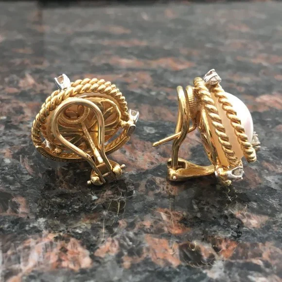 Tiffany & Co. 18K Yellow Gold Platinum Schlumberger Mabe Pearl Diamond Earrings - Picture 2 of 6